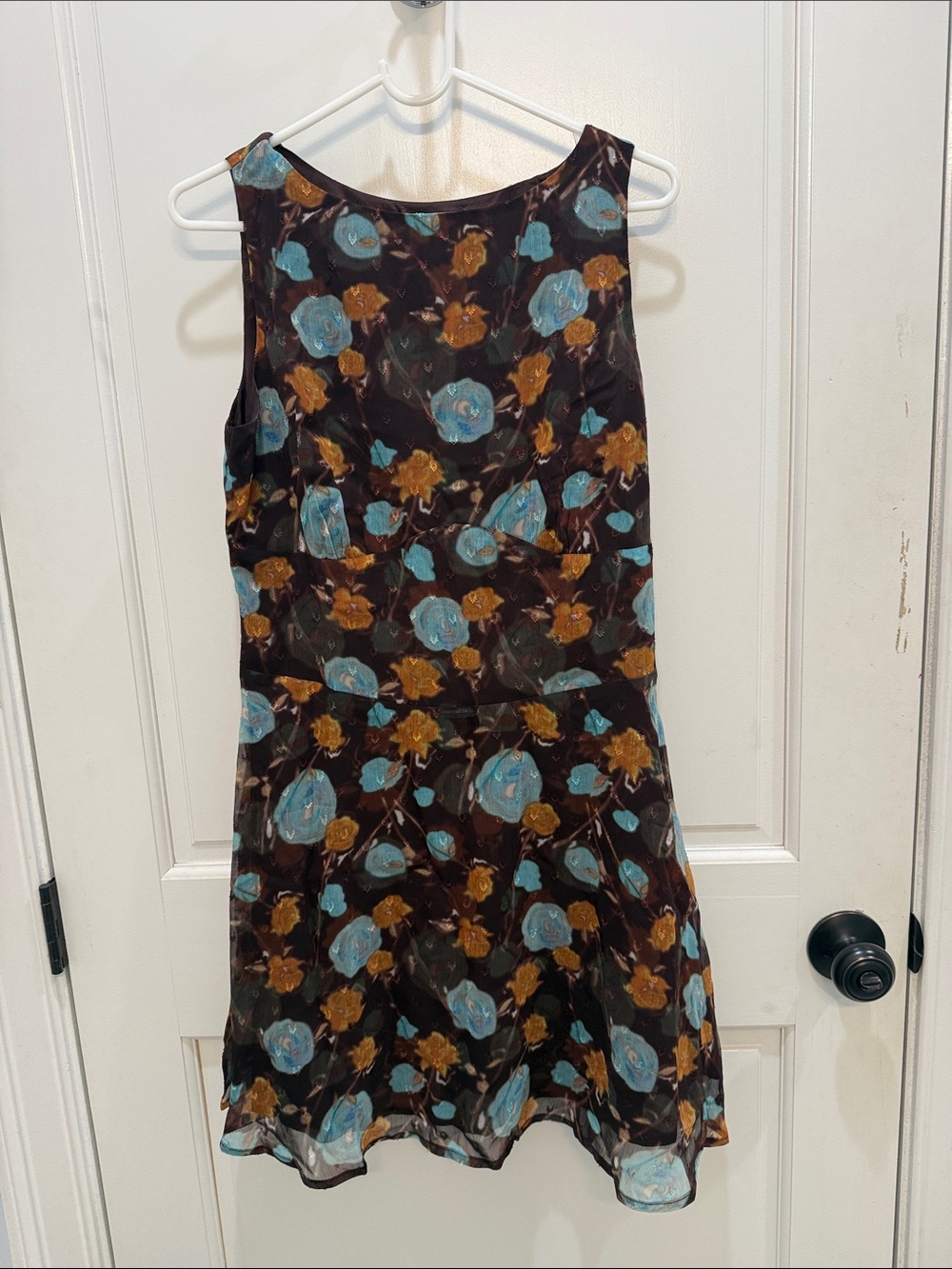 RIHOAS Brown Midi Dress with Blue & Mustard Floral Print